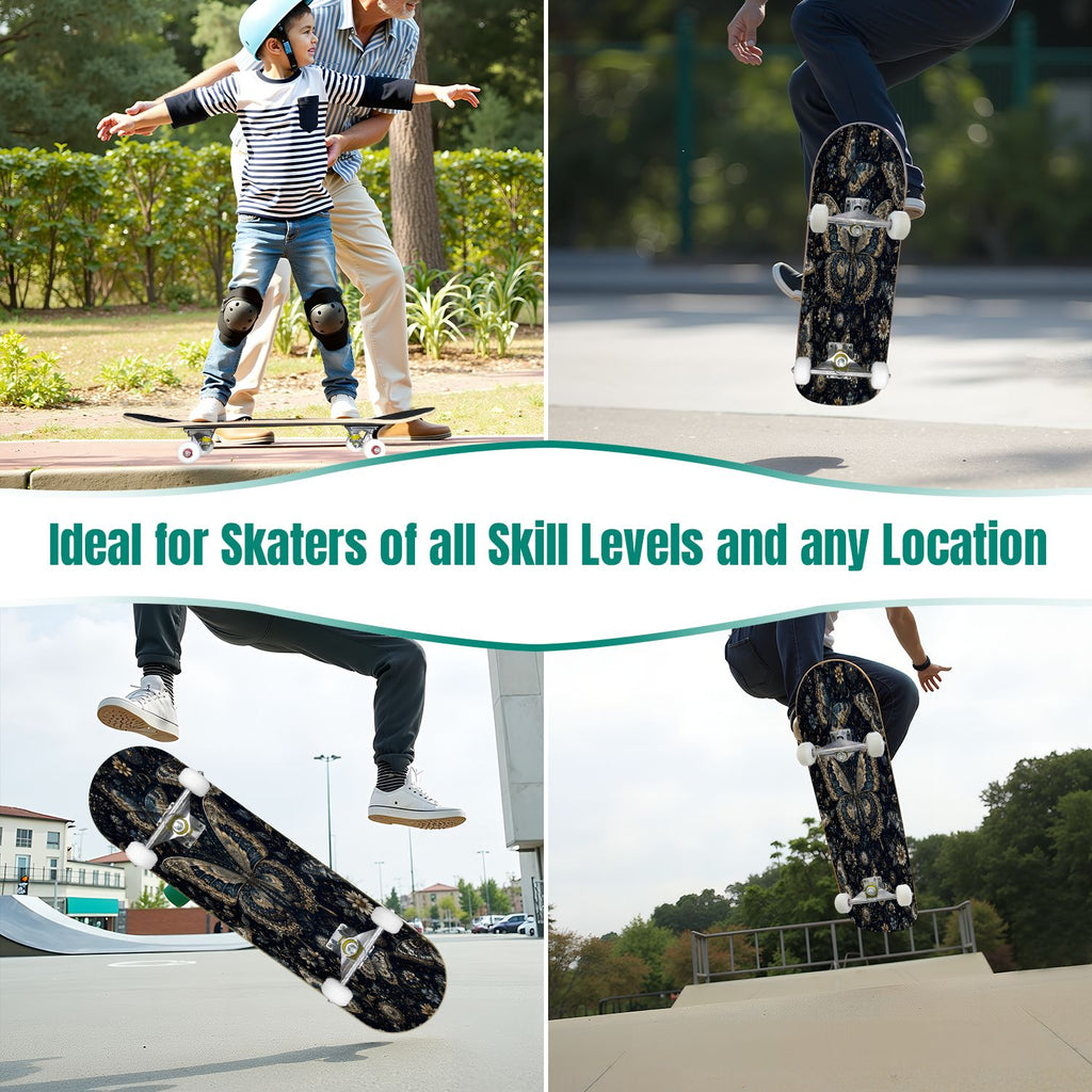 31"x8" Complete Skateboards for Beginners, Butterfly Garden Vintage Botanical Motifs Dark Green Teal Double Kick 7 Ply Canadian Maple Deck Skateboard with Wheels, Gifts for Kids Teens