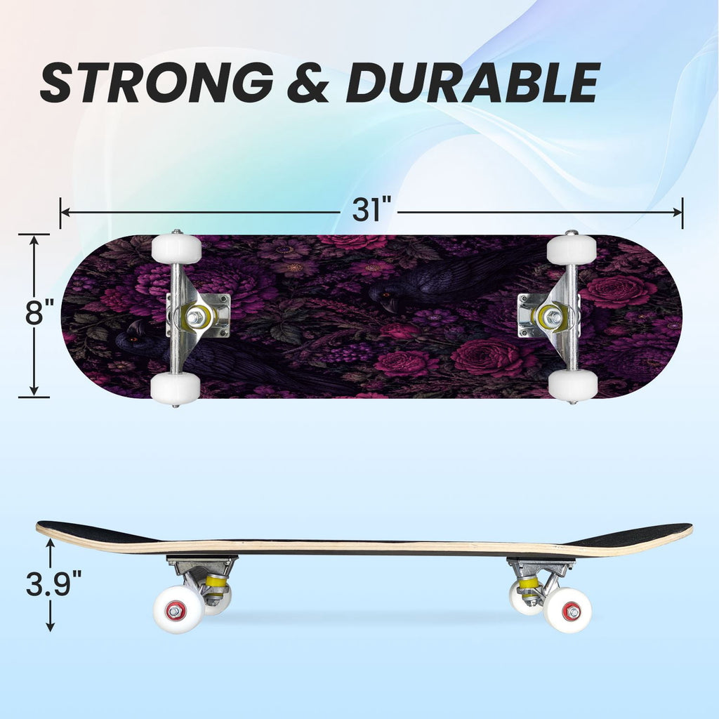 31"x8" Complete Skateboards for Beginners, Purple White Cosmos Flowers Butterflies Watercolor Double Kick 7 Ply Canadian Maple Deck Skateboard with Wheels, Gifts for Kids Teens