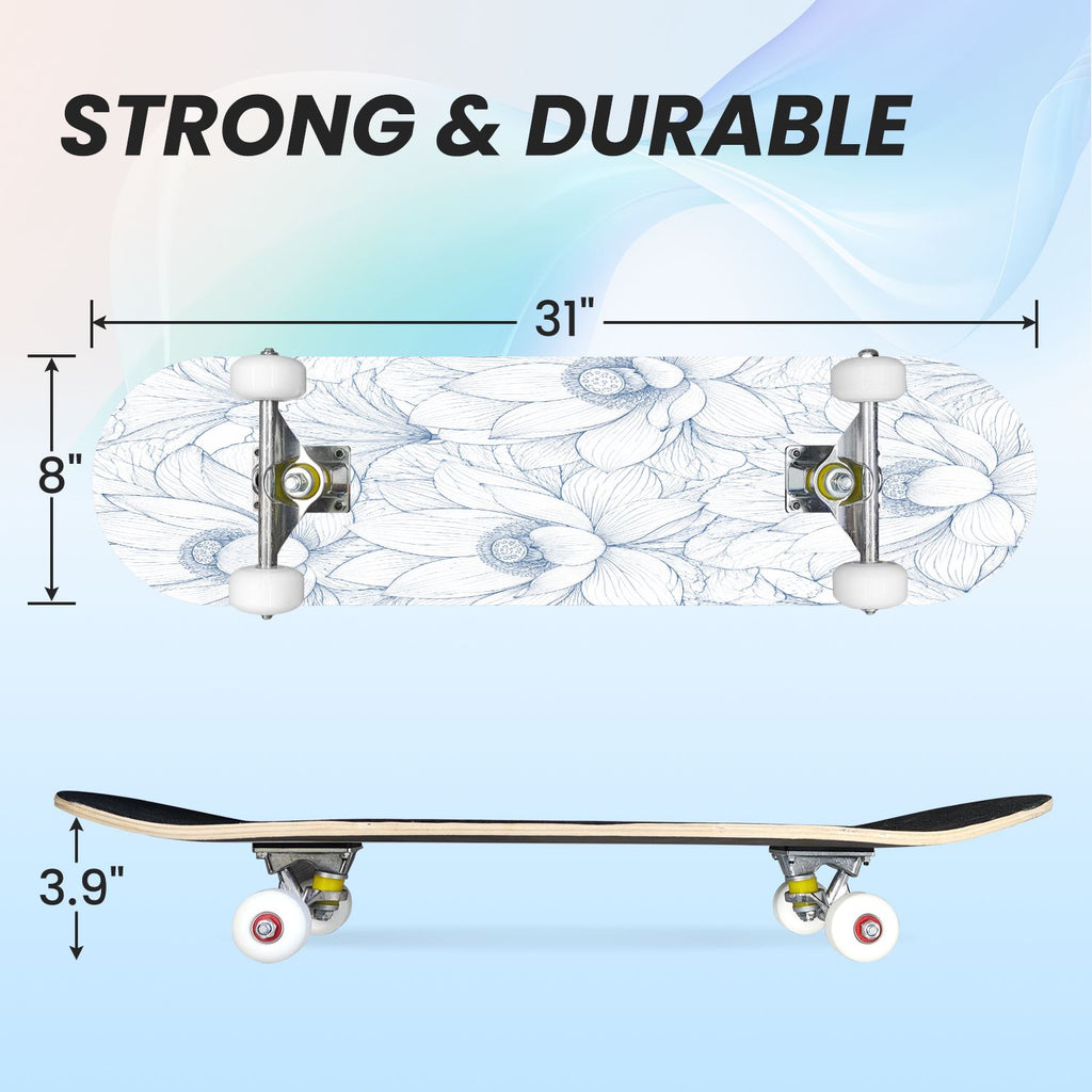31"x8" Complete Skateboards for Beginners,Blue Botanical Leaf White Double Kick 7 Ply Canadian Maple Deck Skateboard with Wheels, Gifts for Kids Teens