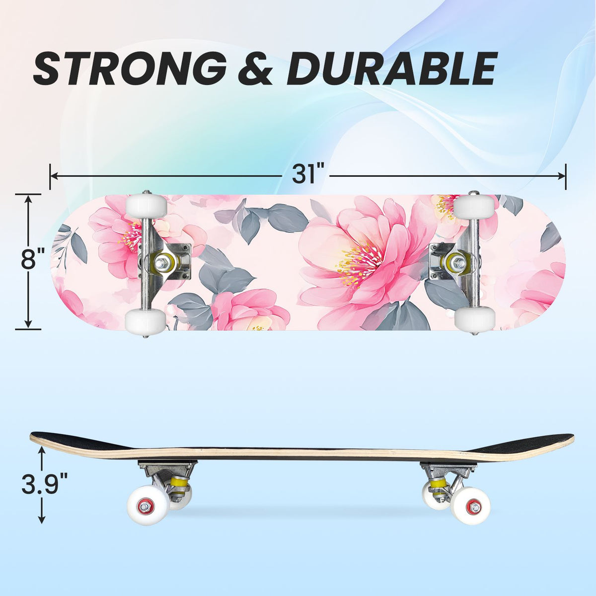 31"x8" Complete Skateboards for Beginners, Elegant Floral Pink Roses Blue Butterflies Double Kick 7 Ply Canadian Maple Deck Skateboard with Wheels, Gifts for Kids Teens