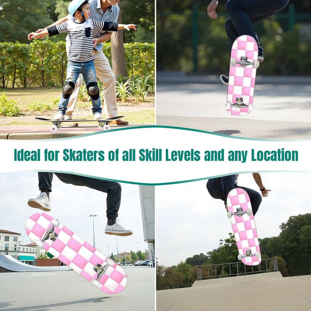 31"x8" Complete Skateboards for Beginners,Black Pink Checkered Retro Aesthetic Double Kick 7 Ply Canadian Maple Deck Skateboard with Wheels, Gifts for Kids Teens