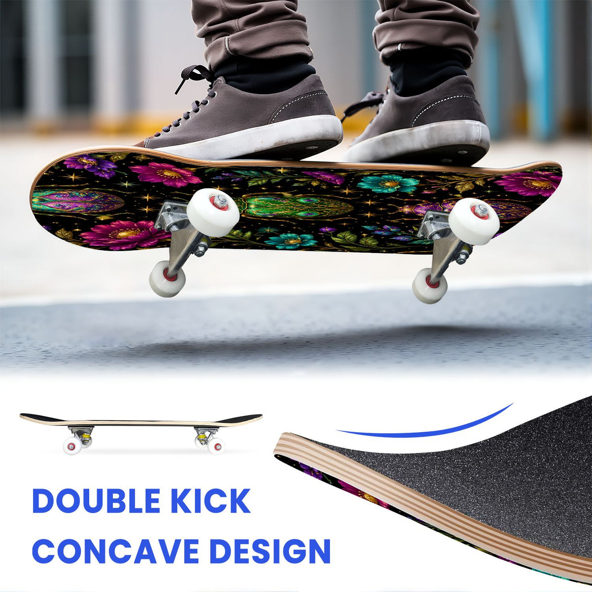 31"x8" Complete Skateboards for Beginners, Colorful Mushroom Floral Magical Night Forest Vintage Double Kick 7 Ply Canadian Maple Deck Skateboard with Wheels, Gifts for Kids Teens
