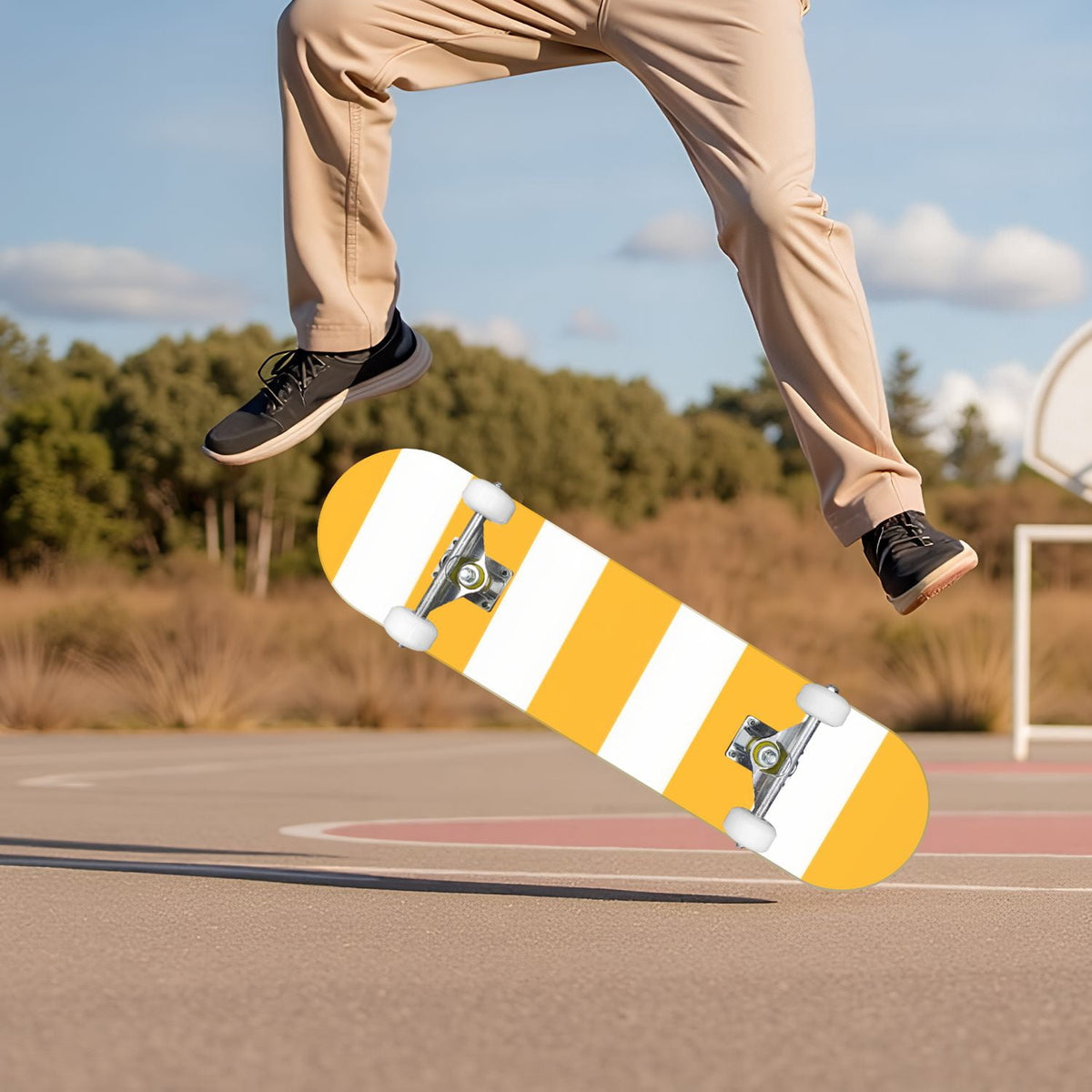 Yellow White Vertical Striped Soft Gradient Lines Minimalist Design 31" x 8" Complete Skateboard, 7-Ply Canadian Maple Double Kick Trick Board for Kids and Beginners Adult Gifts