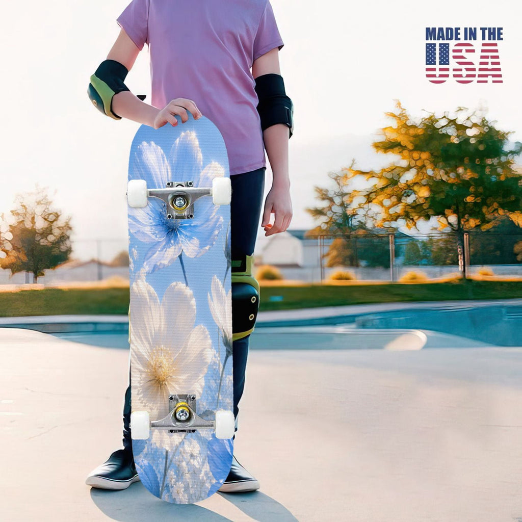 31"x8" Complete Skateboards for Beginners,Elegant White Blue Flowers Soft Petals Dreamy Artistic Double Kick 7 Ply Canadian Maple Deck Skateboard with Wheels, Gifts for Kids Teens