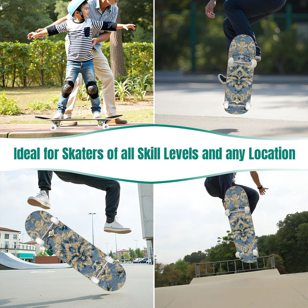 Elegant Purple Damask 31" x 8" Complete Skateboard, 7-Ply Canadian Maple Double Kick Trick Board for Kids and Beginners Adult Gifts