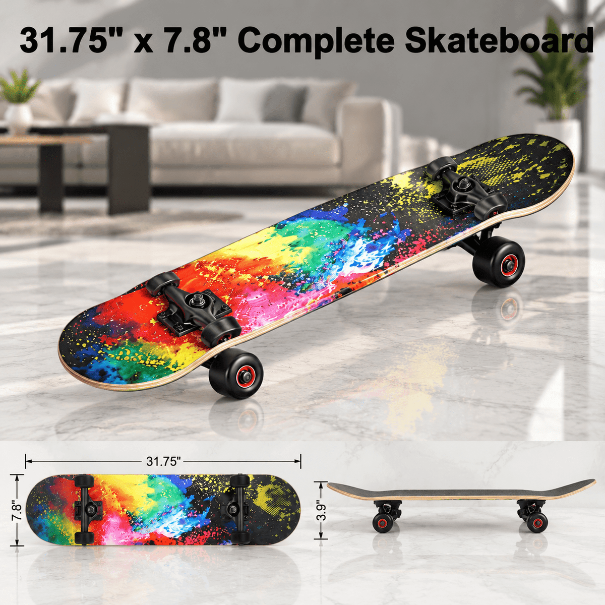 Vivid Standard Complete Skateboard for Beginners Adults Teens, 7 Layer Canadian Maple, Double Kick Concave