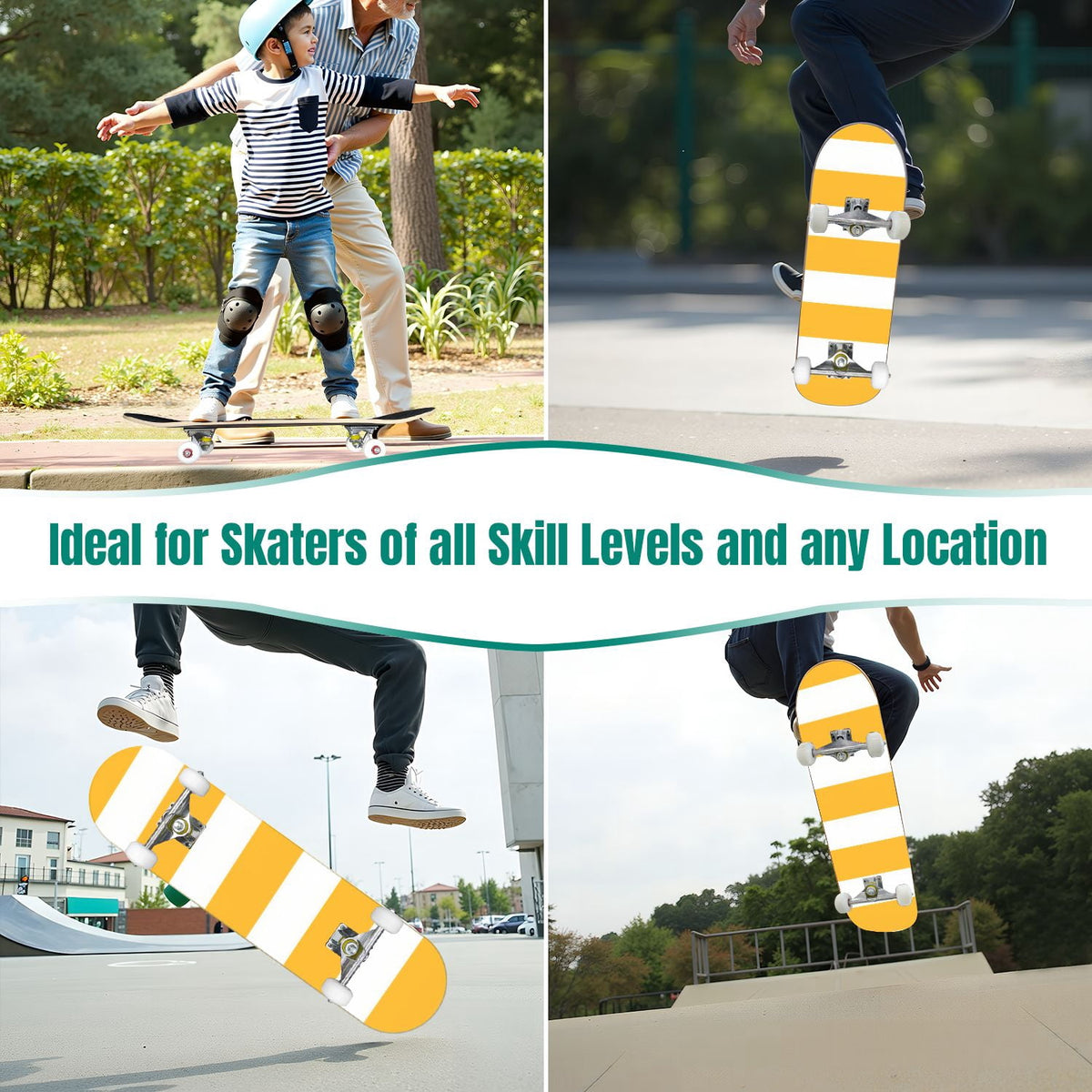 Yellow White Vertical Striped Soft Gradient Lines Minimalist Design 31" x 8" Complete Skateboard, 7-Ply Canadian Maple Double Kick Trick Board for Kids and Beginners Adult Gifts