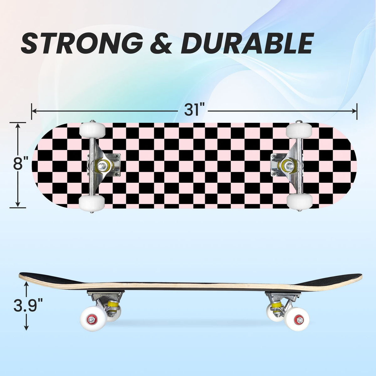 31"x8" Complete Skateboards for Beginners,Black Pink Checkered Retro Aesthetic Double Kick 7 Ply Canadian Maple Deck Skateboard with Wheels, Gifts for Kids Teens