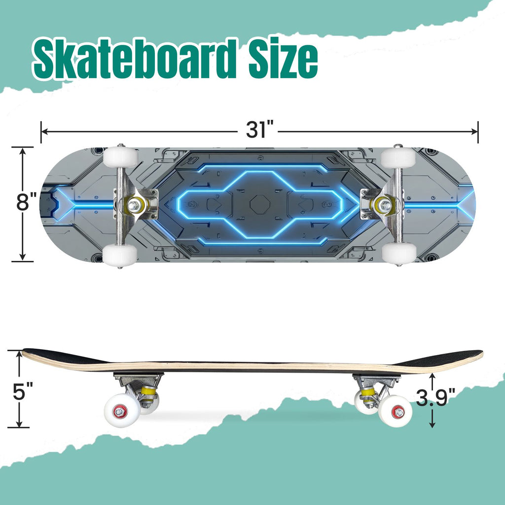 Futuristic Blue Abstract Technology Glowing Core 31" x 8" Complete Skateboard, 7-Ply Canadian Maple Double Kick Trick Board for Kids and Beginners Adult Gifts