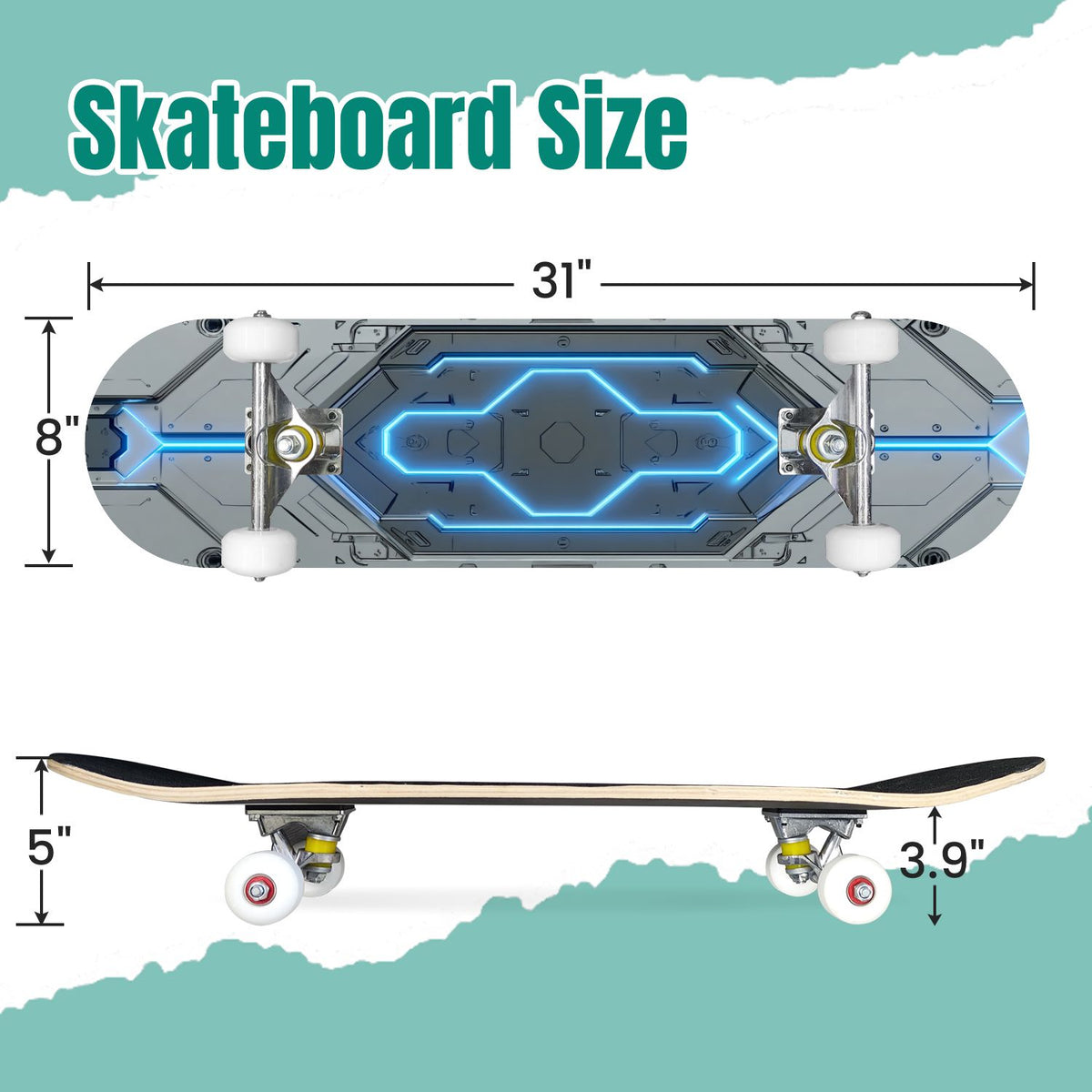 Futuristic Blue Abstract Technology Glowing Core 31" x 8" Complete Skateboard, 7-Ply Canadian Maple Double Kick Trick Board for Kids and Beginners Adult Gifts