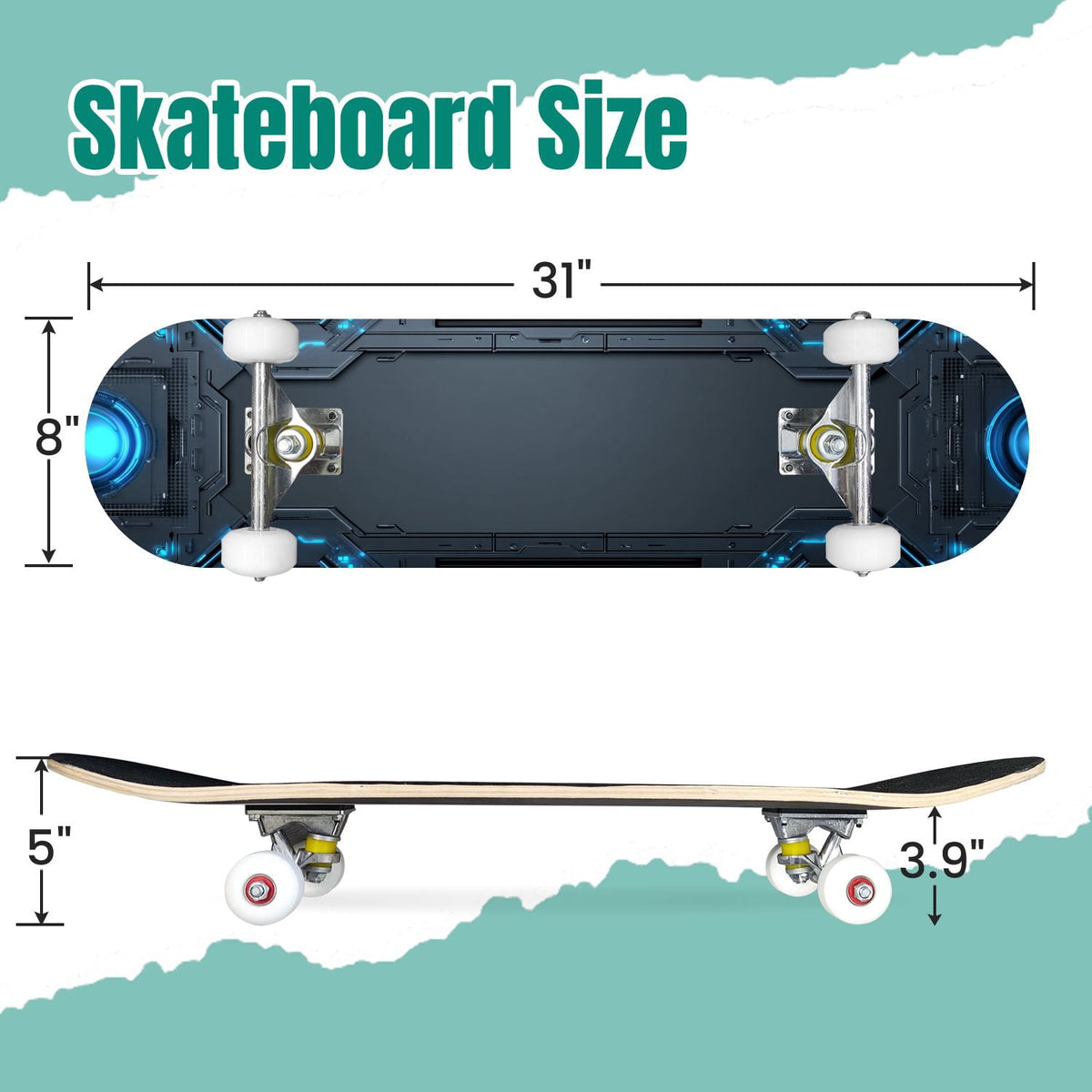 Futuristic Glowing Orange Neon Lines Dark Metallic Panels 31" x 8" Complete Skateboard, 7-Ply Canadian Maple Double Kick Trick Board for Kids and Beginners Adult Gifts