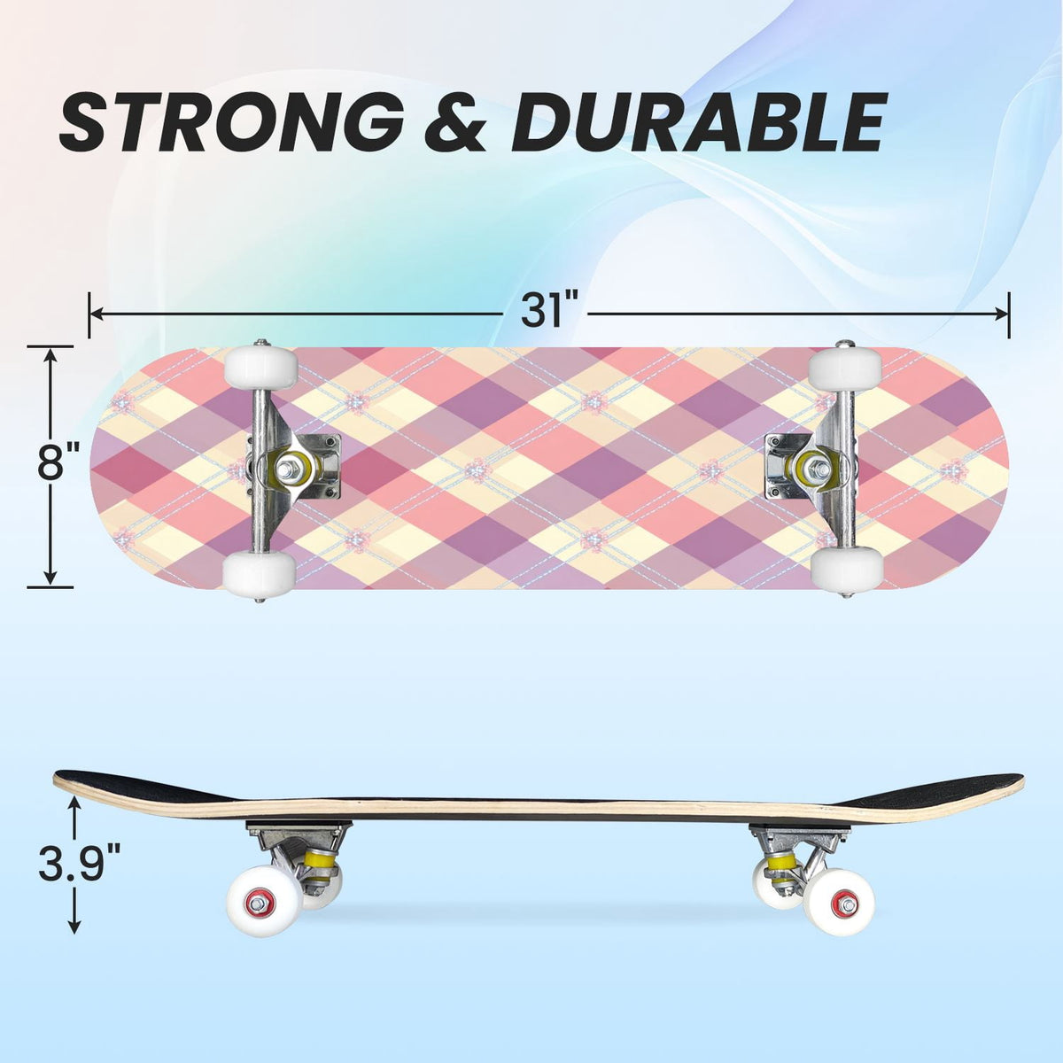 31"x8" Complete Skateboards for Beginners,Pink White Gingham Checkered Subtle Double Kick 7 Ply Canadian Maple Deck Skateboard with Wheels, Gifts for Kids Teens
