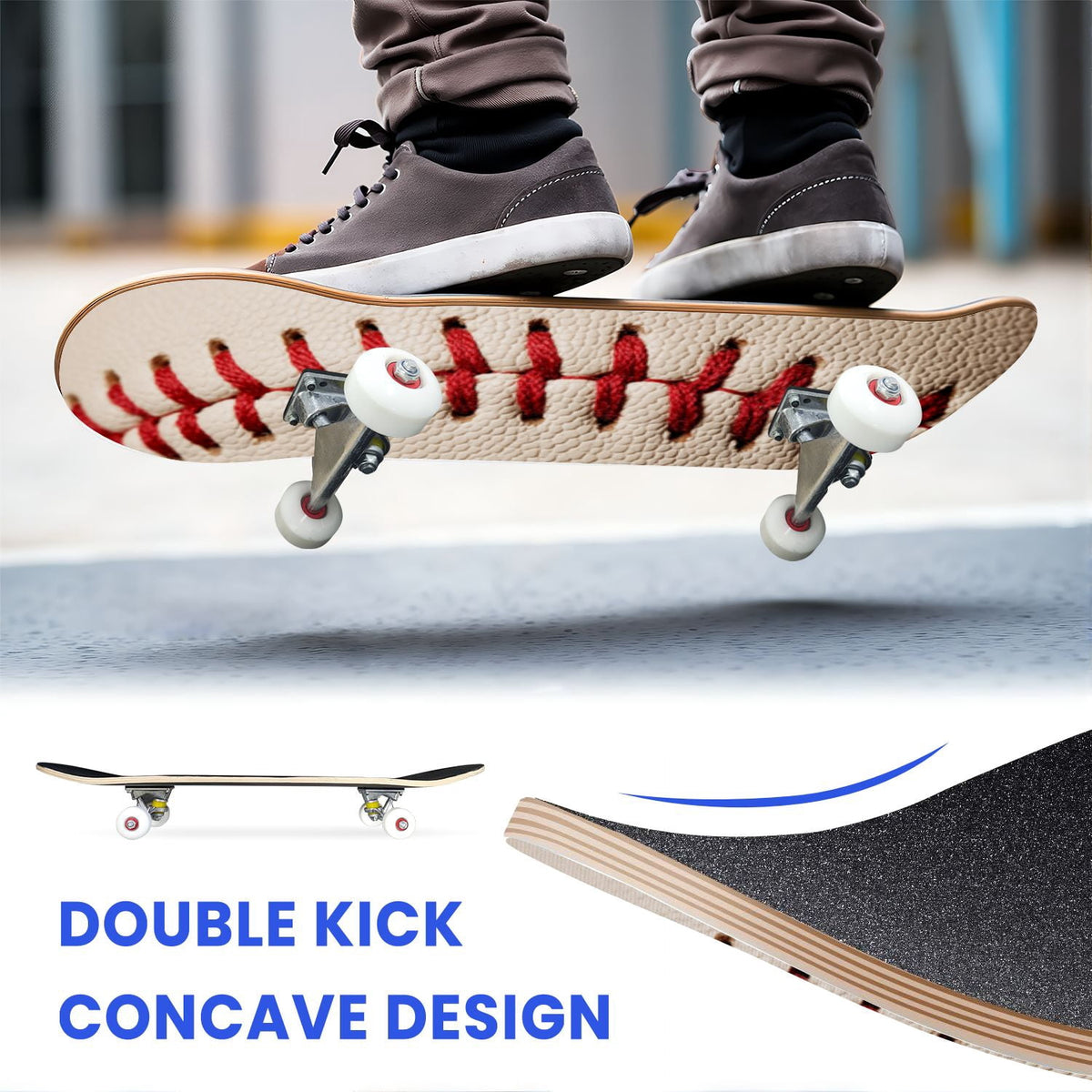 31"x8" Complete Skateboards for Beginners,Close up Baseball Red Stitches Leather Double Kick 7 Ply Canadian Maple Deck Skateboard with Wheels, Sports Gifts for Kids Teens