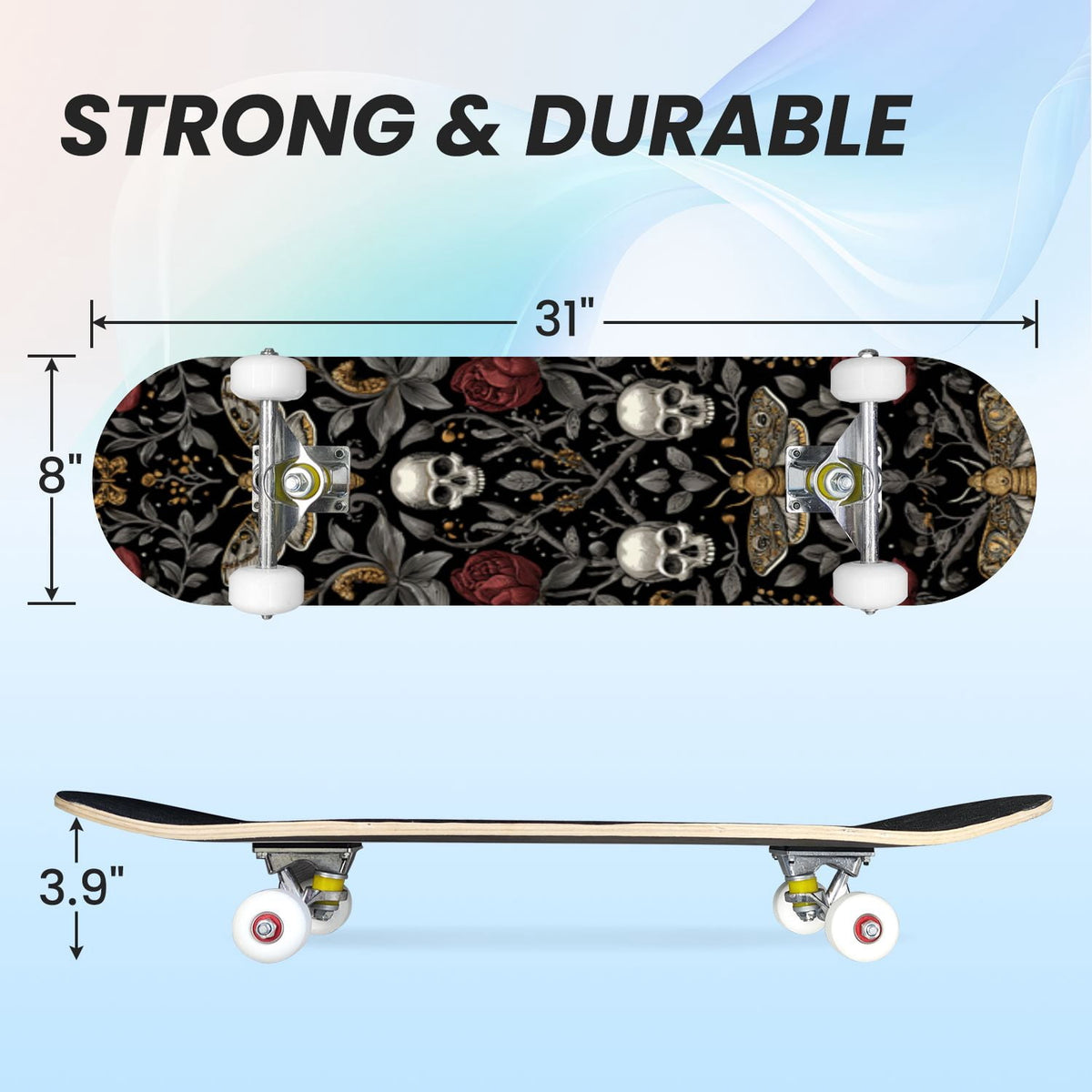 31"x8" Complete Skateboards for Beginners,Whimsical Blue Butterflies Green Foliage Dark Night Fantasy Double Kick 7 Ply Canadian Maple Deck Skateboard with Wheels, Gifts for Kids Teens