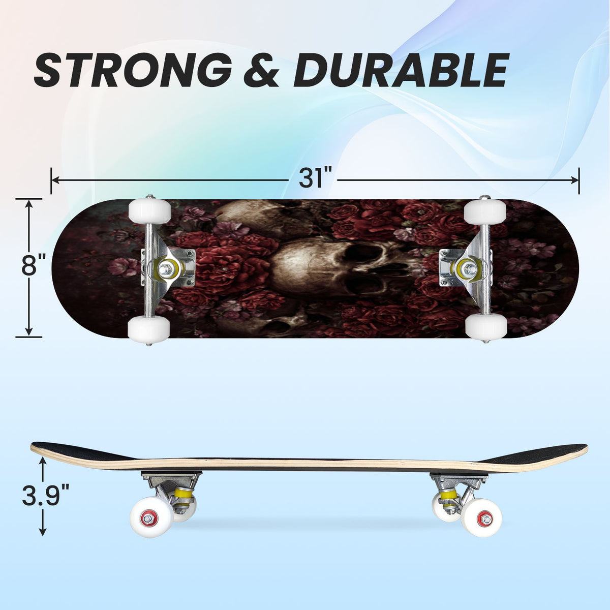 31"x8" Complete Skateboards for Beginners, Romantic Skeletons Blooming Roses Dark Academia Double Kick 7 Ply Canadian Maple Deck Skateboard with Wheels, Gifts for Kids Teens