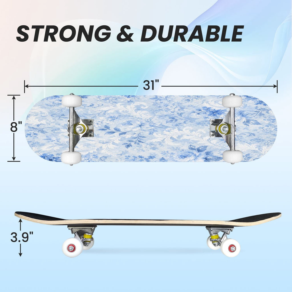 31"x8" Complete Skateboards for Beginners,Blue Botanical Leaf White Double Kick 7 Ply Canadian Maple Deck Skateboard with Wheels, Gifts for Kids Teens