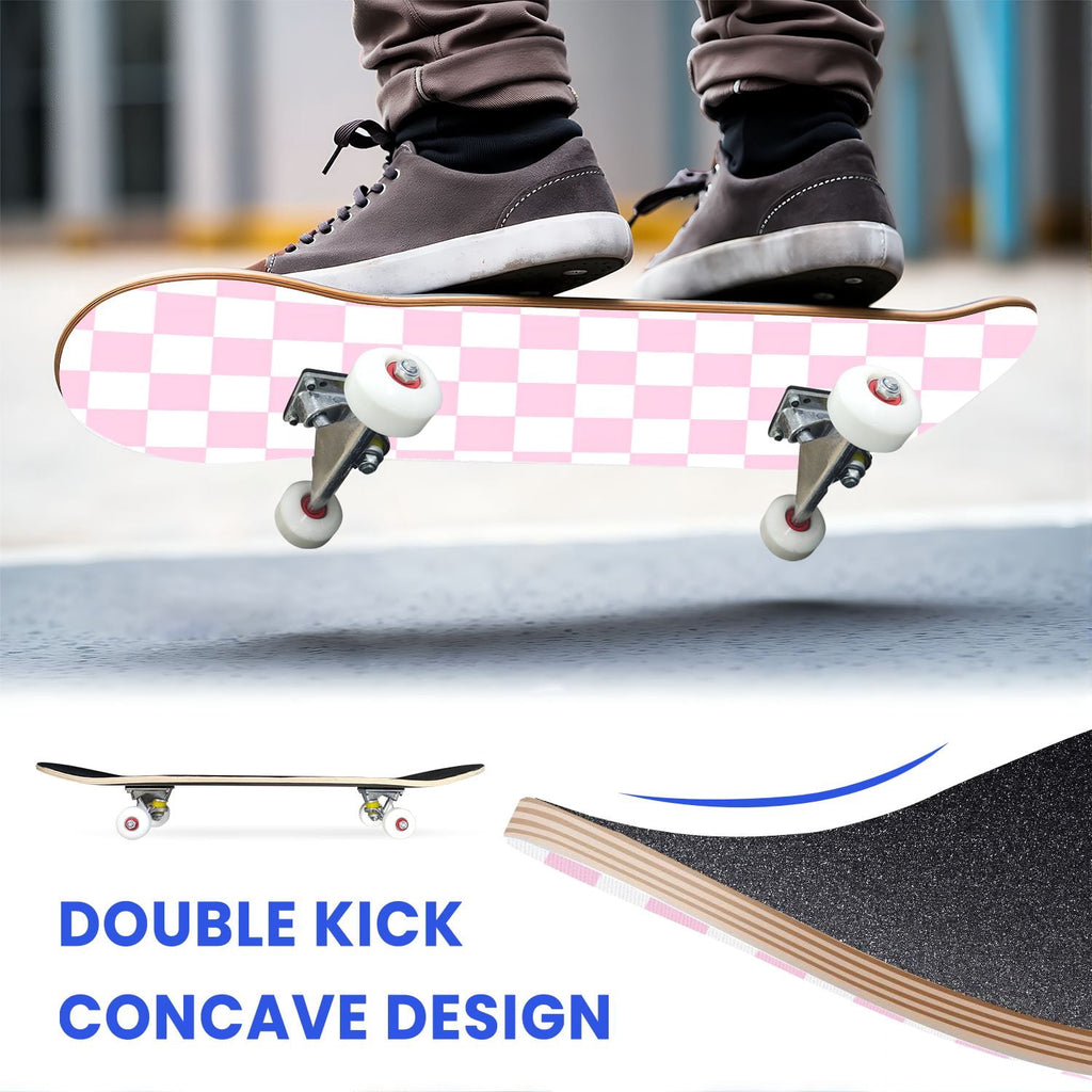 31"x8" Complete Skateboards for Beginners,Light Green White Gingham Checkered Double Kick 7 Ply Canadian Maple Deck Skateboard with Wheels, Gifts for Kids Teens