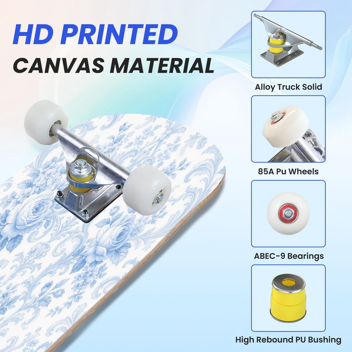 31"x8" Complete Skateboards for Beginners,Blue White Vintage Floral Roses Ornate Swirls Double Kick 7 Ply Canadian Maple Deck Skateboard with Wheels, Gifts for Kids Teens