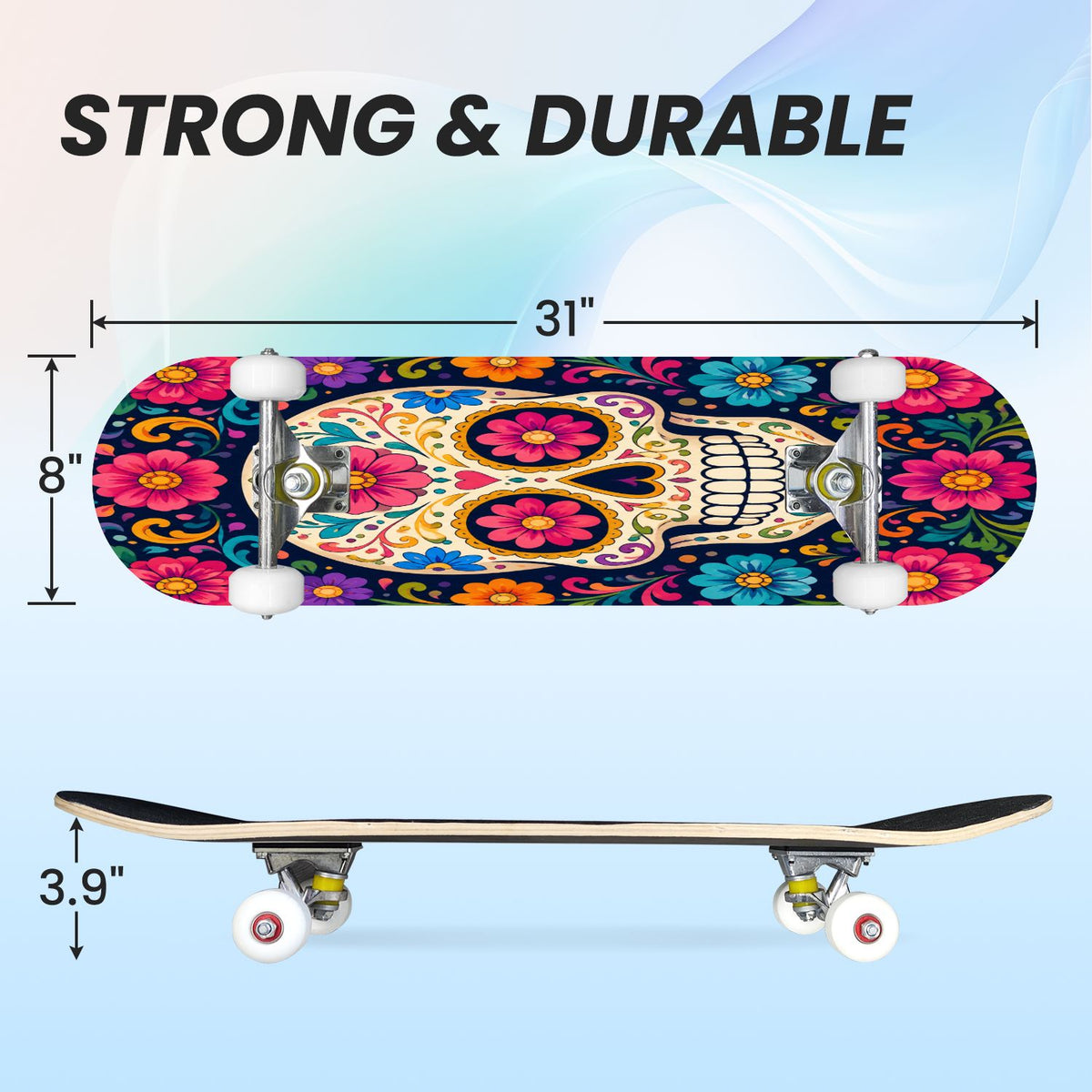 31"x8" Complete Skateboards for Beginners, Colorful Sugar Skulls Floral Patterns Mexican Double Kick 7 Ply Canadian Maple Deck Skateboard with Wheels, Gifts for Kids Teens