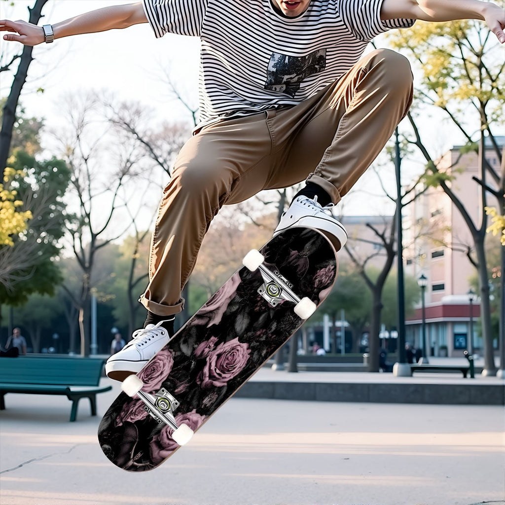 31"x8" Complete Skateboards for Beginners, Ethereal Night Garden Roses Starry Sky Dark Academia Double Kick 7 Ply Canadian Maple Deck Skateboard with Wheels, Gifts for Kids Teens