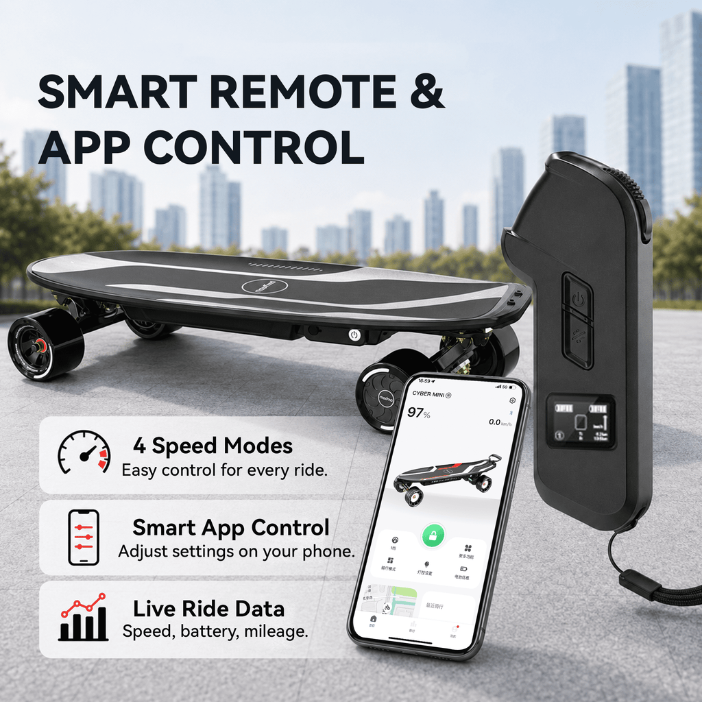 Maxfind Cyber Mini Electric Skateboard with Remote, 32.8", Dual Hub Motors, 24 mph, 15 Miles, App Control