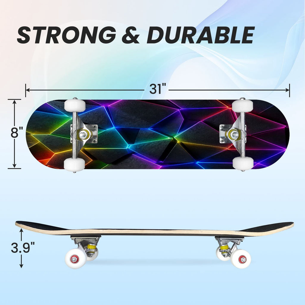31"x8" Complete Skateboards for Beginners, Abstract Geometric Vibrant Neon Line Accents Dark Futuristic Double Kick 7 Ply Canadian Maple Deck Skateboard with Wheels, Gifts for Boys Teens