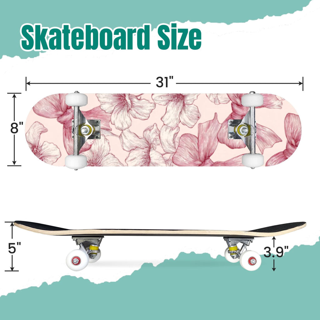 Delicate Pink Floral Ribbon Design 31" x 8" Complete Skateboard, 7-Ply Canadian Maple Double Kick Trick Board for Kids and Beginners Adult Gifts