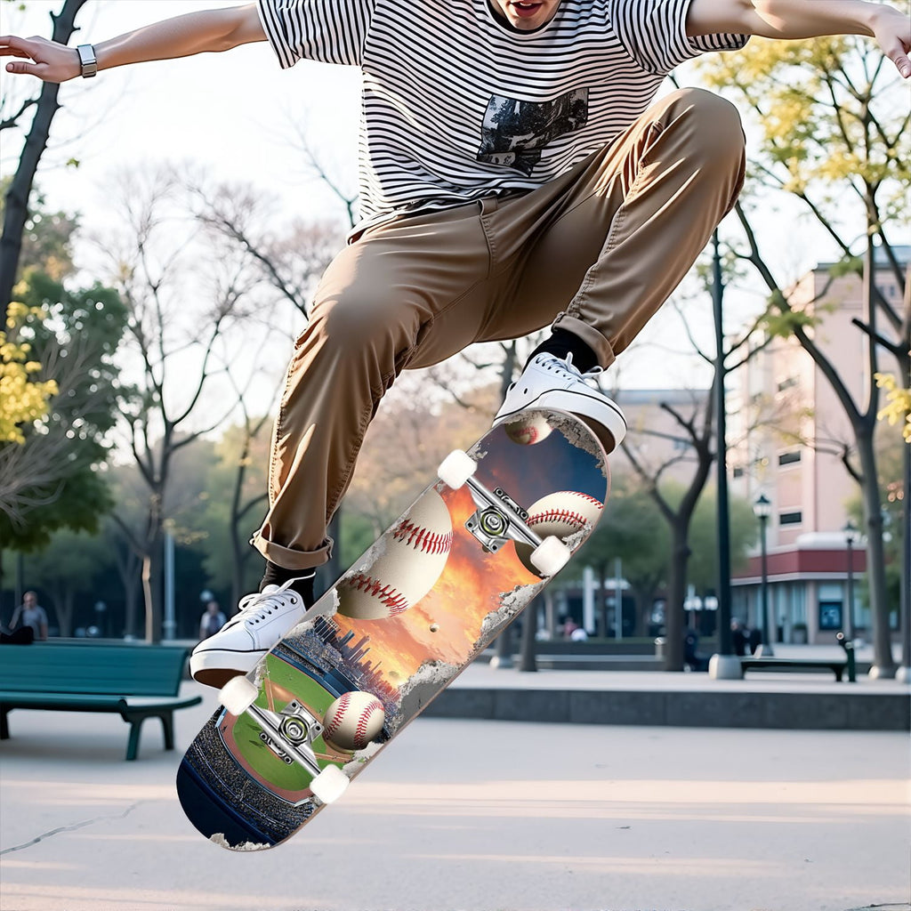 31"x8" Complete Skateboards for Beginners,baseball stadium giant baseballs sunset sky Double Kick 7 Ply Canadian Maple Deck Skateboard with Wheels, Gifts for Kids Teens