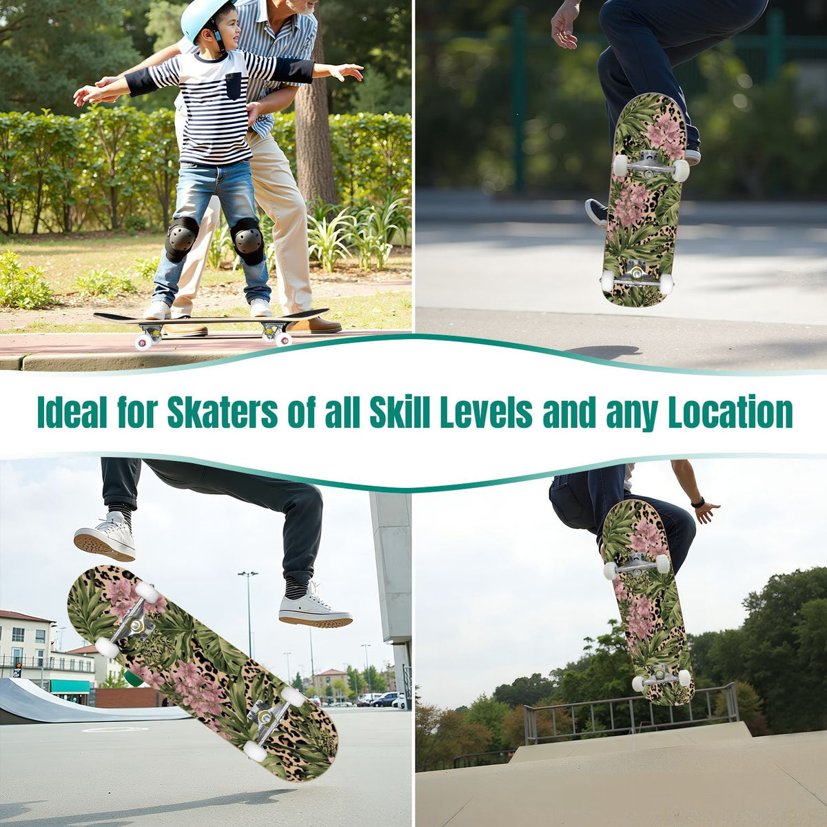 31"x8" Complete Skateboards for Beginners,Black Leopard Print Grey Double Kick 7 Ply Canadian Maple Deck Skateboard with Wheels, Gifts for Kids Teens