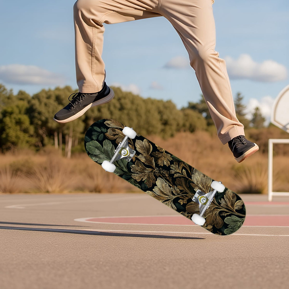 Botanical Embroidery Golden Green Leaves Black 31" x 8" Complete Skateboard, 7-Ply Canadian Maple Double Kick Trick Board for Kids and Beginners Adult Gifts