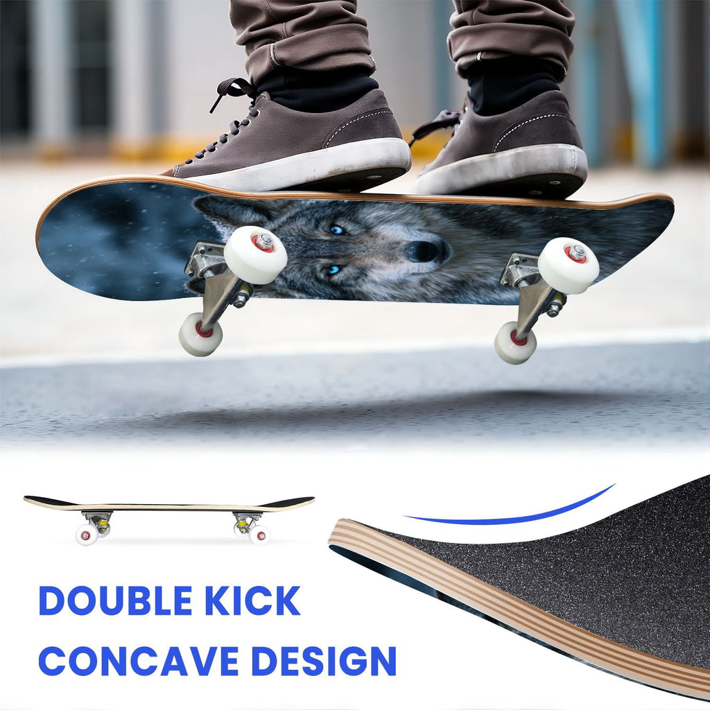 31"x8" Complete Skateboards for Beginners, Blue Deep Sea Sailing Ship Octopus Lighthouse Clouds Ocean Double Kick 7 Ply Canadian Maple Deck Skateboard with Wheels, Gifts for Kids Teens
