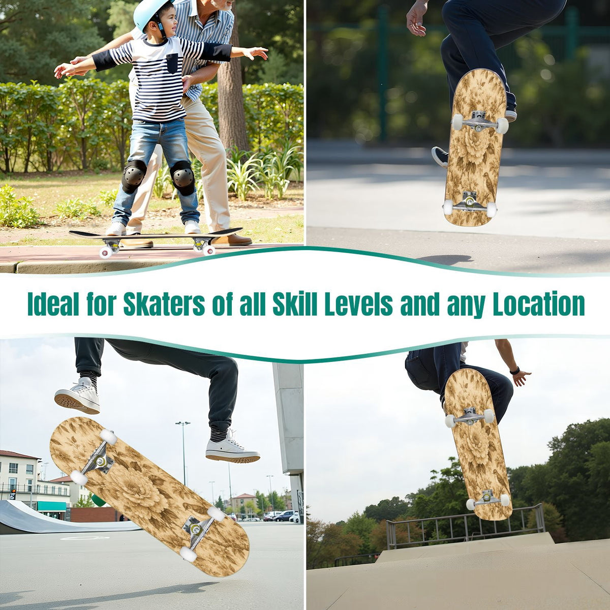 3D Nude Visual Effect Yellowish Brown Layered Chrysanthemum 31" x 8" Complete Skateboard, 7-Ply Canadian Maple Double Kick Trick Board for Kids and Beginners Adult Gifts