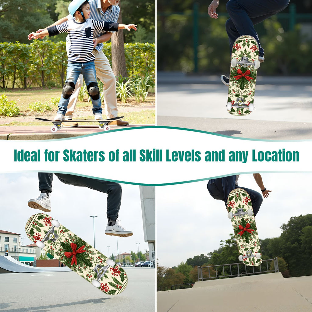 31"x8" Complete Skateboards for Beginners, Red White Vertical Striped Retro Circus Double Kick 7 Ply Canadian Maple Deck Skateboard with Wheels, Gifts for Kids Teens