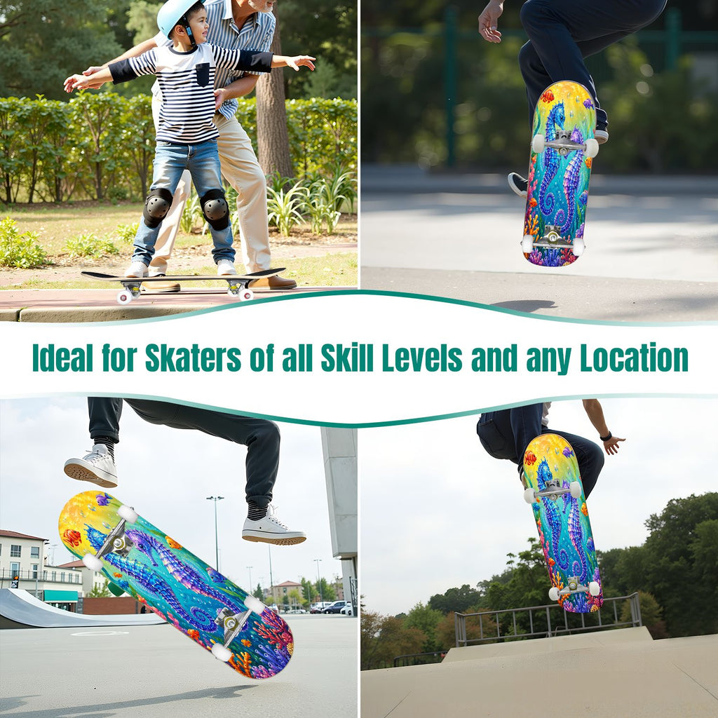 31"x8" Complete Skateboards for Beginners, Colorful Cosmic Octopus Tentacles Starry Marine Life Double Kick 7 Ply Canadian Maple Deck Skateboard with Wheels, Gifts for Kids Teens