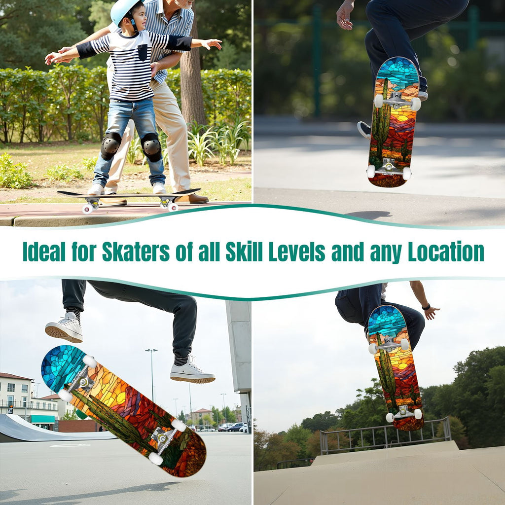 31"x8" Complete Skateboards for Beginners, Vibrant Stained Glass Window Butterflies Flowers Double Kick 7 Ply Canadian Maple Deck Skateboard with Wheels, Gifts for Kids Teens