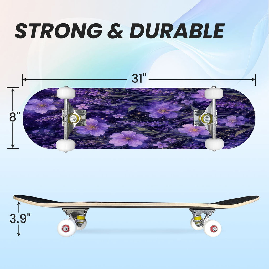 31"x8" Complete Skateboards for Beginners, Purple White Cosmos Flowers Butterflies Watercolor Double Kick 7 Ply Canadian Maple Deck Skateboard with Wheels, Gifts for Kids Teens