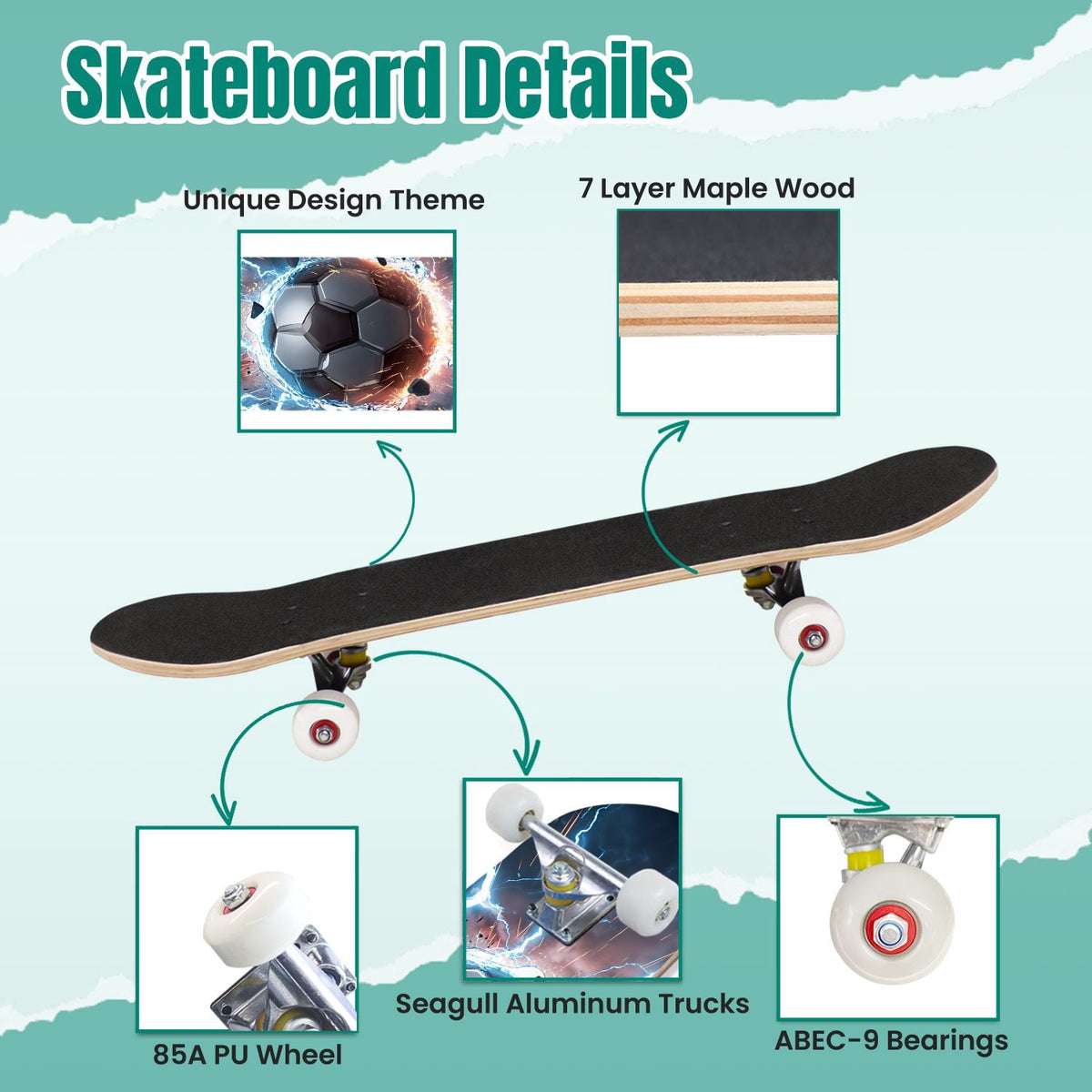 Dynamic Soccer Ball Explosion Energy Effects Stadium 31" x 8" Complete Skateboard, 7-Ply Canadian Maple Double Kick Trick Board for Kids and Beginners Adult Gifts