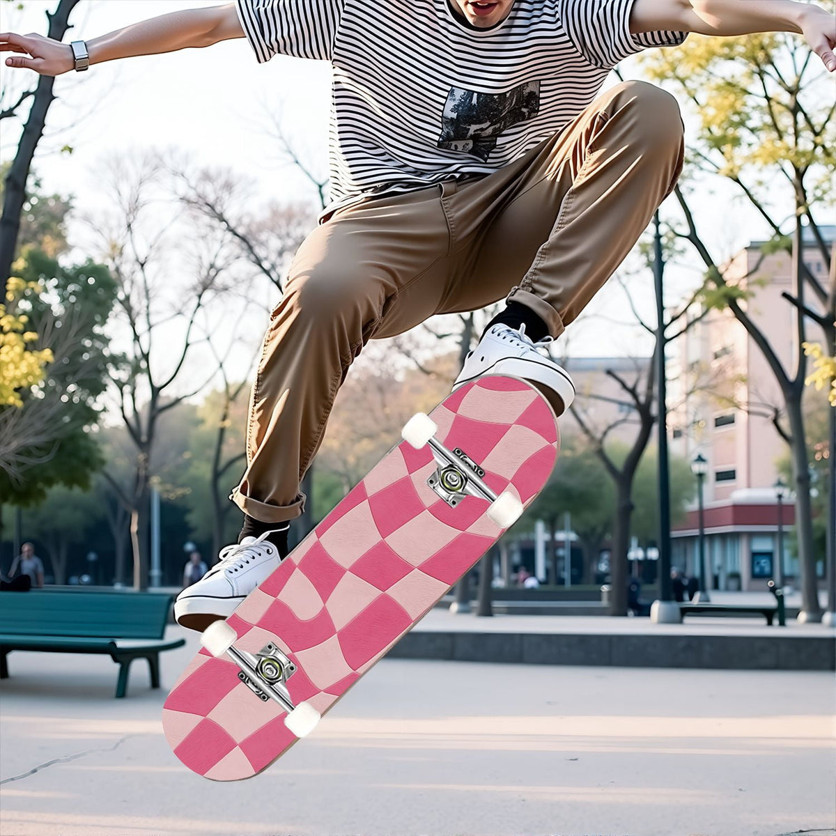 31"x8" Complete Skateboards for Beginners,Mint Green White Plaid Tartan Subtle Double Kick 7 Ply Canadian Maple Deck Skateboard with Wheels, Gifts for Kids Teens