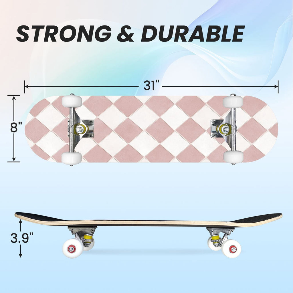 31"x8" Complete Skateboards for Beginners,Colorful Geometric Tile Multicolored Squares Double Kick 7 Ply Canadian Maple Deck Skateboard with Wheels, Gifts for Kids Teens