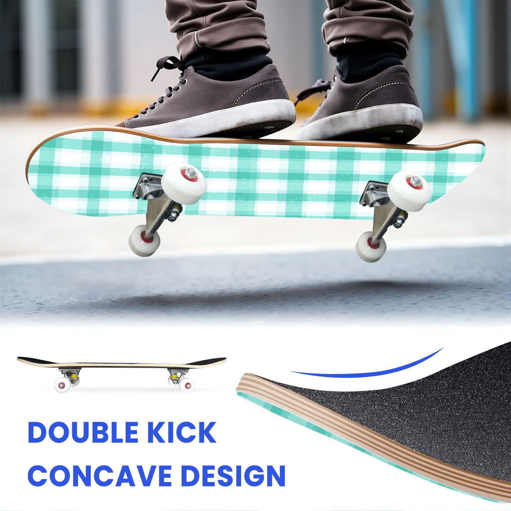 31"x8" Complete Skateboards for Beginners,Mint Green White Plaid Tartan Subtle Double Kick 7 Ply Canadian Maple Deck Skateboard with Wheels, Gifts for Kids Teens