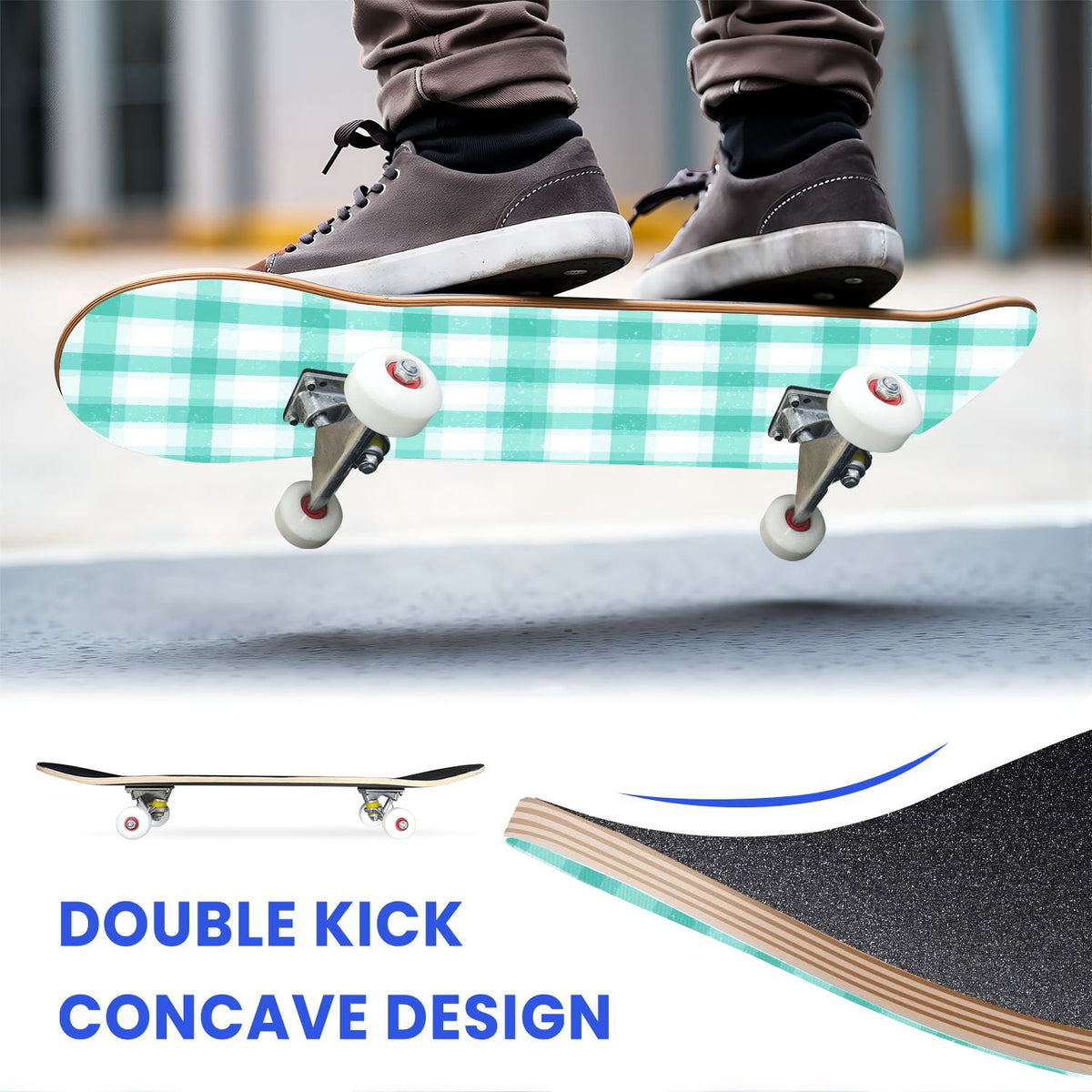 31"x8" Complete Skateboards for Beginners,Mint Green White Plaid Tartan Subtle Double Kick 7 Ply Canadian Maple Deck Skateboard with Wheels, Gifts for Kids Teens