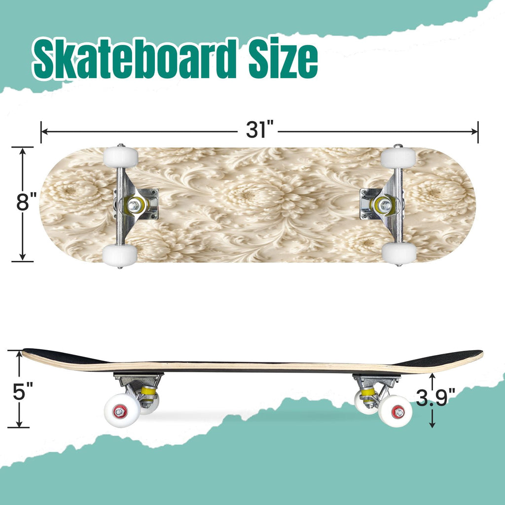 3D Nude Visual Effect Yellowish Brown Layered Chrysanthemum 31" x 8" Complete Skateboard, 7-Ply Canadian Maple Double Kick Trick Board for Kids and Beginners Adult Gifts