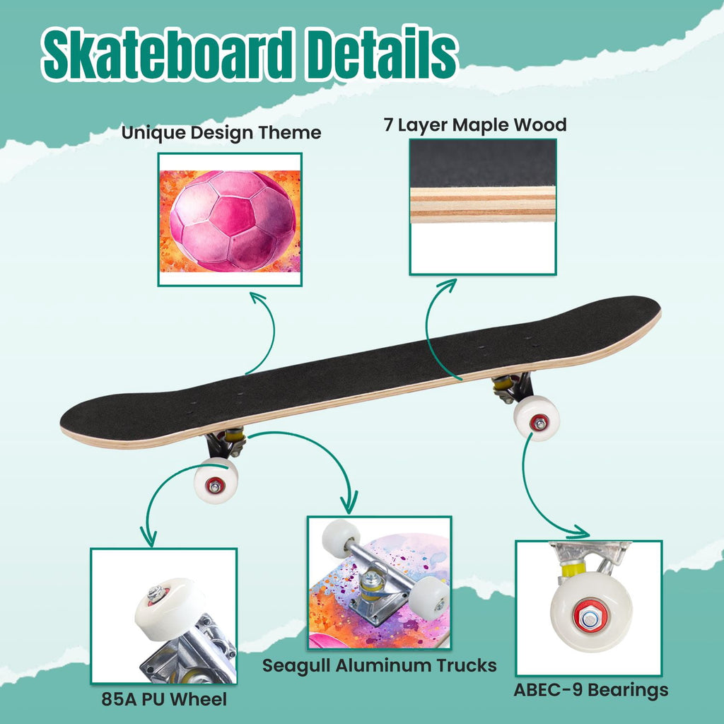 Dynamic Soccer Ball Explosion Energy Effects Stadium 31" x 8" Complete Skateboard, 7-Ply Canadian Maple Double Kick Trick Board for Kids and Beginners Adult Gifts