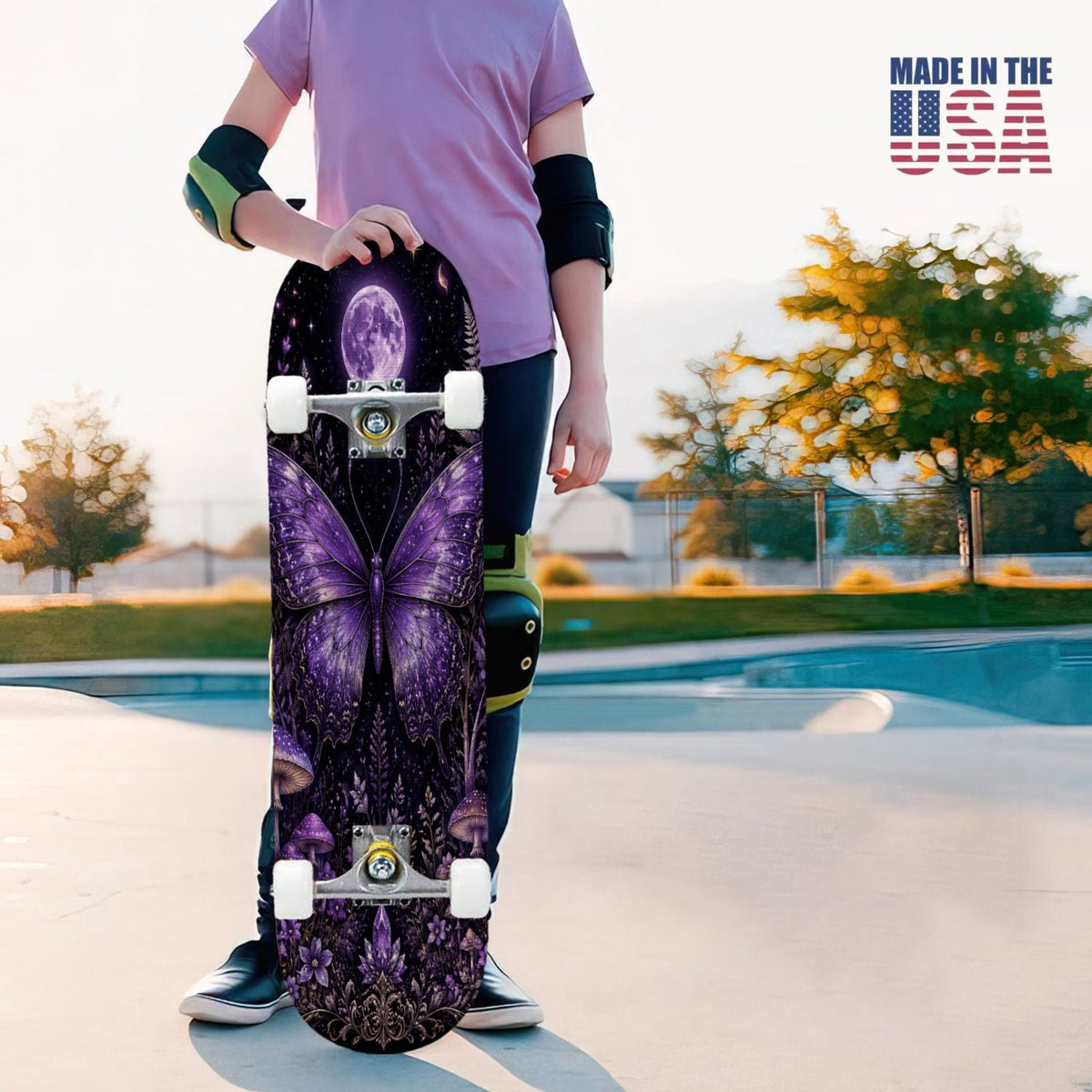31"x8" Complete Skateboards for Beginners, Blue Moth Moonlight Flowers Mushrooms Forest Double Kick 7 Ply Canadian Maple Deck Skateboard with Wheels, Gifts for Kids Teens