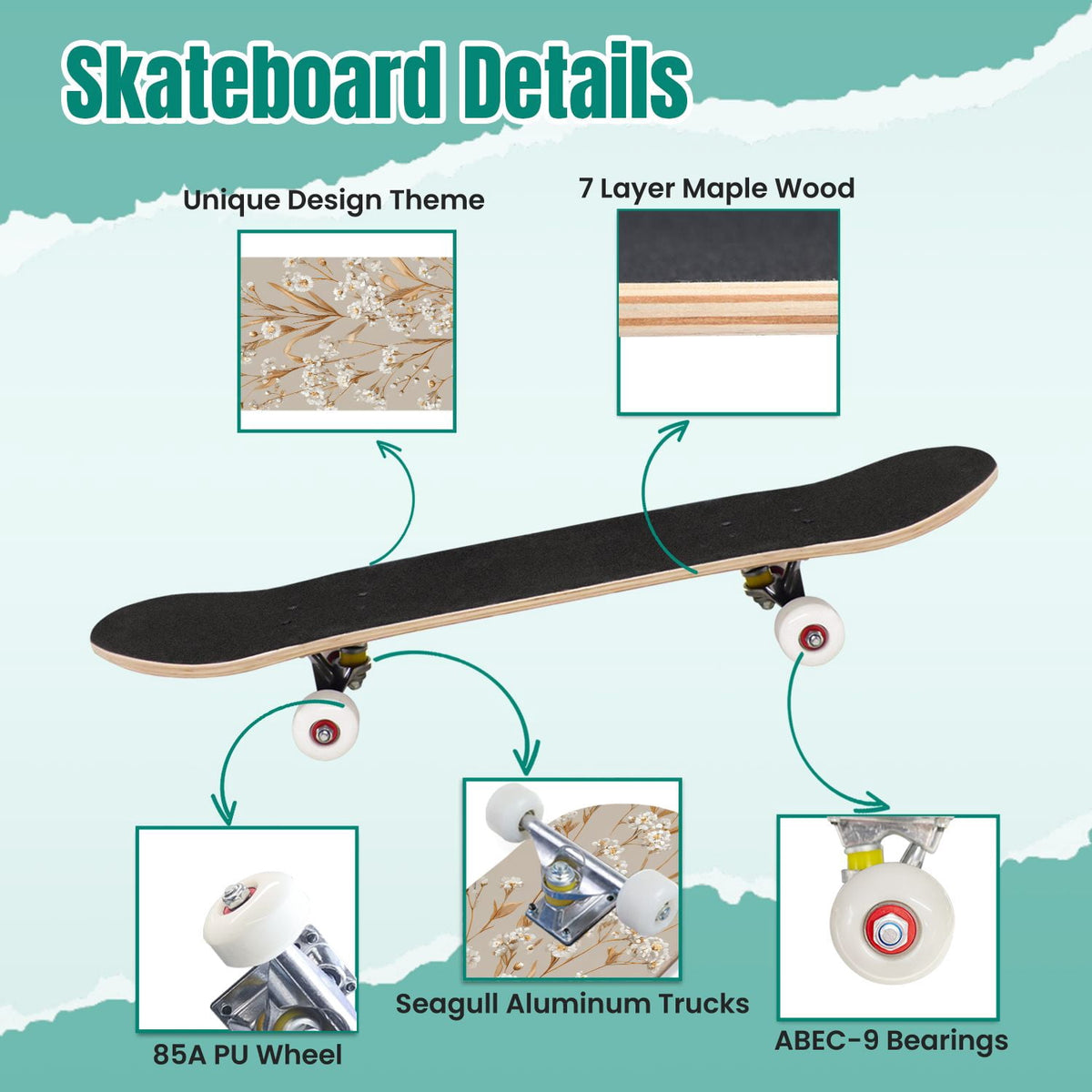 Monstera Leaves Leopard Print Seamless Earth Tones 31" x 8" Complete Skateboard, 7-Ply Canadian Maple Double Kick Trick Board for Kids and Beginners Adult Gifts