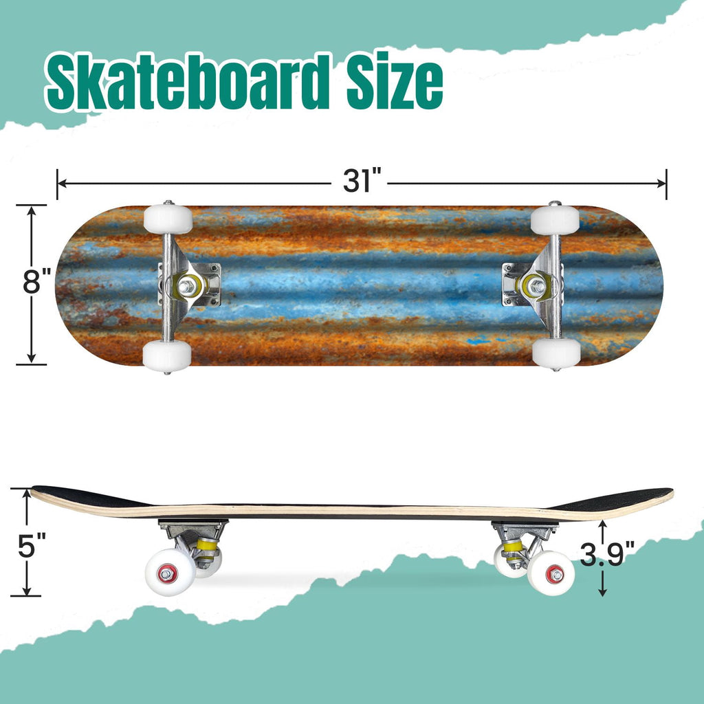 Tropical Jungle Leaf Teal Green Botanical 31" x 8" Complete Skateboard, 7-Ply Canadian Maple Double Kick Trick Board for Kids and Beginners Adult Gifts