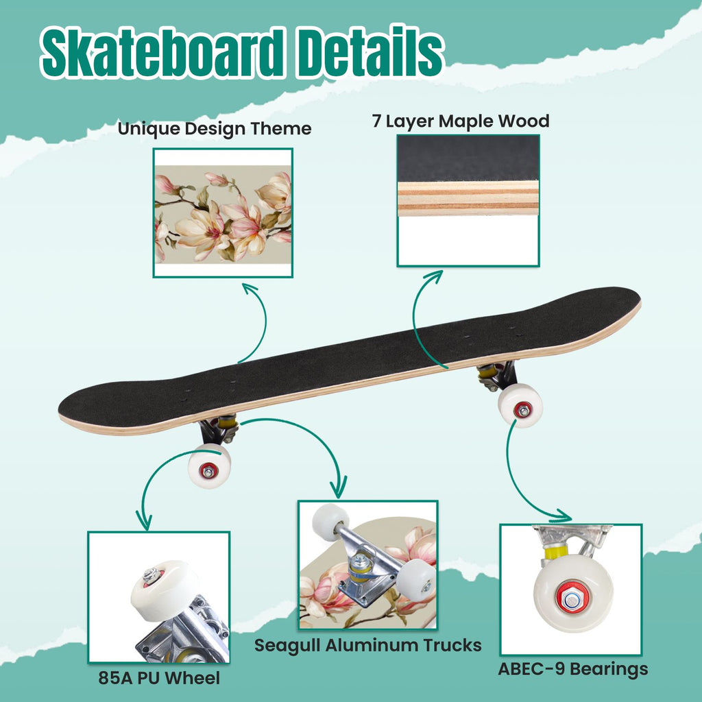 Botanical Birds Lemons Flowers Blue 31" x 8" Complete Skateboard, 7-Ply Canadian Maple Double Kick Trick Board for Kids and Beginners Adult Gifts
