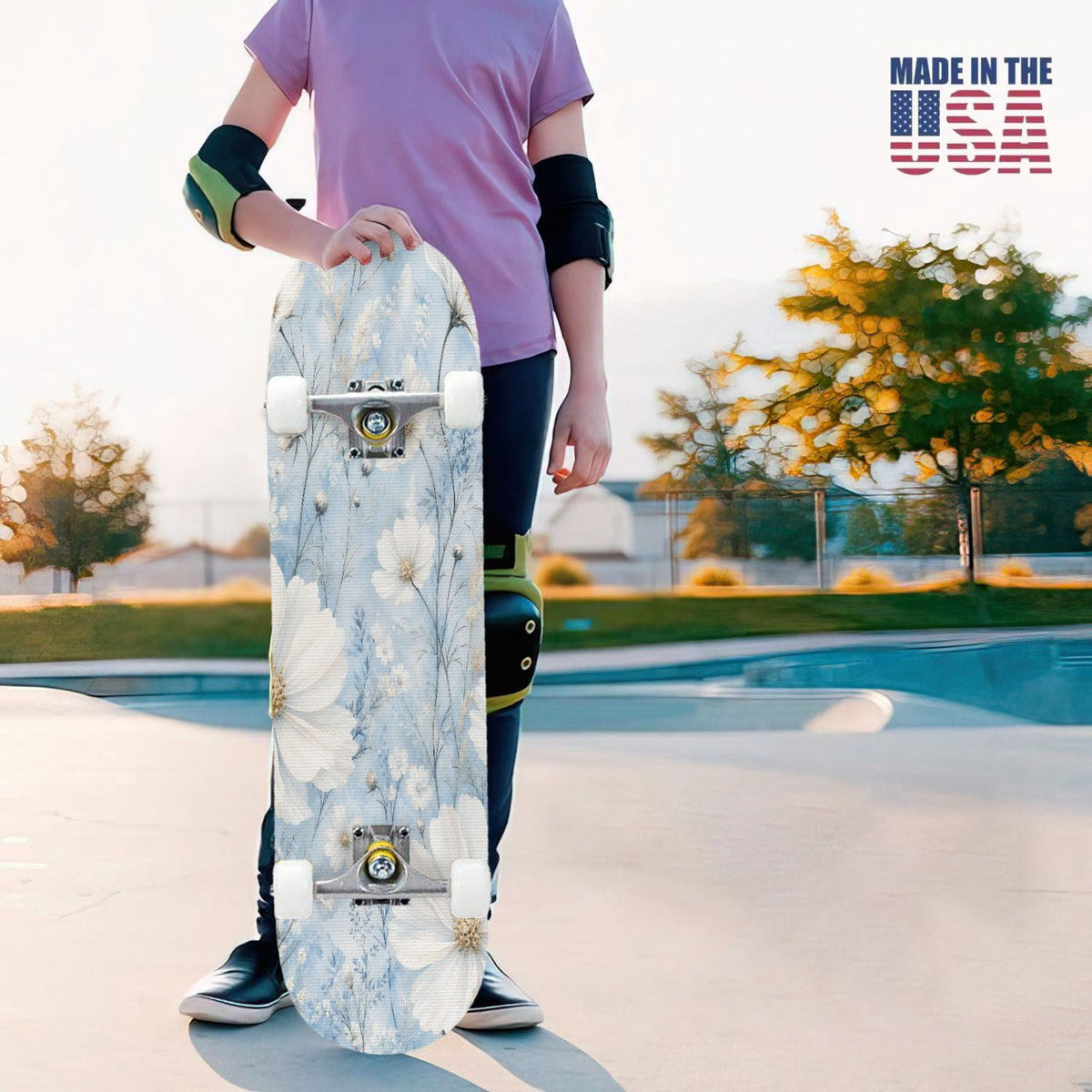 31"x8" Complete Skateboards for Beginners,Elegant White Blue Flowers Soft Petals Dreamy Artistic Double Kick 7 Ply Canadian Maple Deck Skateboard with Wheels, Gifts for Kids Teens