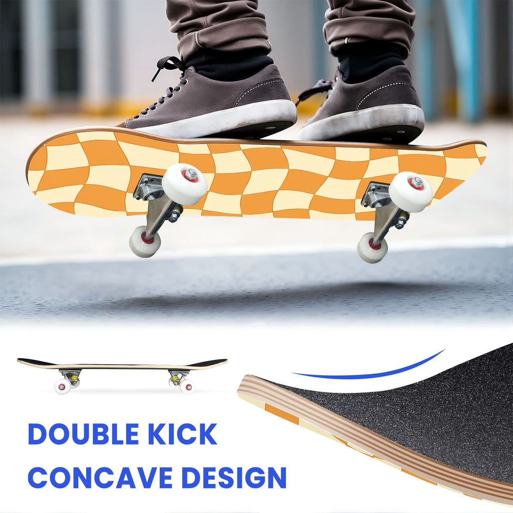 31"x8" Complete Skateboards for Beginners,Colorful Geometric Tile Multicolored Squares Double Kick 7 Ply Canadian Maple Deck Skateboard with Wheels, Gifts for Kids Teens