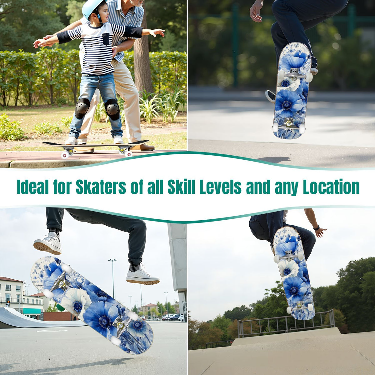 31"x8" Complete Skateboards for Beginners, Turquoise Flowers Teal Daisy Flower Butterfly Blue Romantic Double Kick 7 Ply Canadian Maple Deck Skateboard with Wheels, Gifts for Kids Teens
